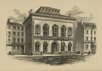 Engraved exterior view of a classical stone building with arched windows