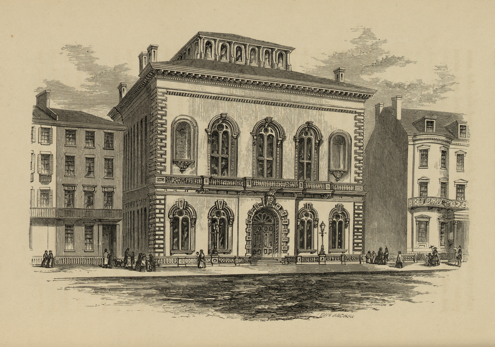 Engraved exterior view of a classical stone building with arched windows — historic image