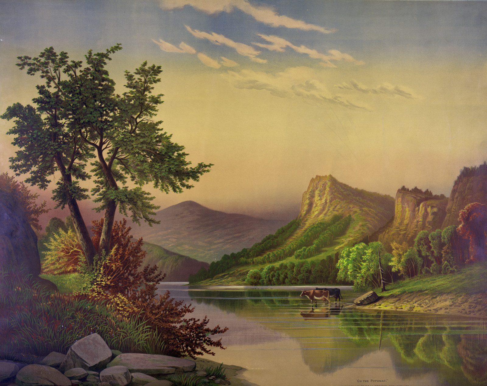 Painted river landscape with cliffs and a rowboat — historic image