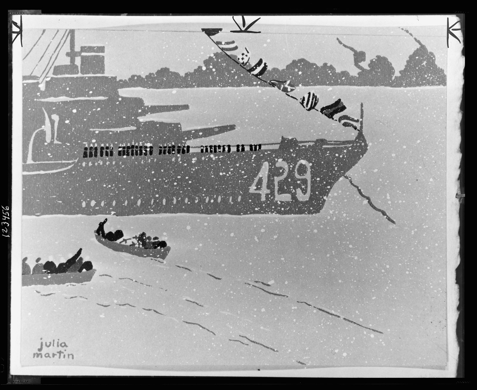 [Christmas card depicting warship in snow storm with two small boats in foreground] / Julia Martin. — historic photograph