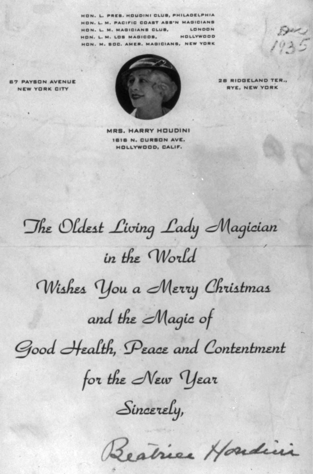 [Christmas card of Mrs. Harry Houdini, with bust portrait of Mrs. Houdini], 1935 Dec. — historic print