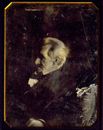 [Andrew Jackson, head-and-shoulders portrait, nearly in profile to left, leaning against pillow of which ticking appears in lower left corner]
