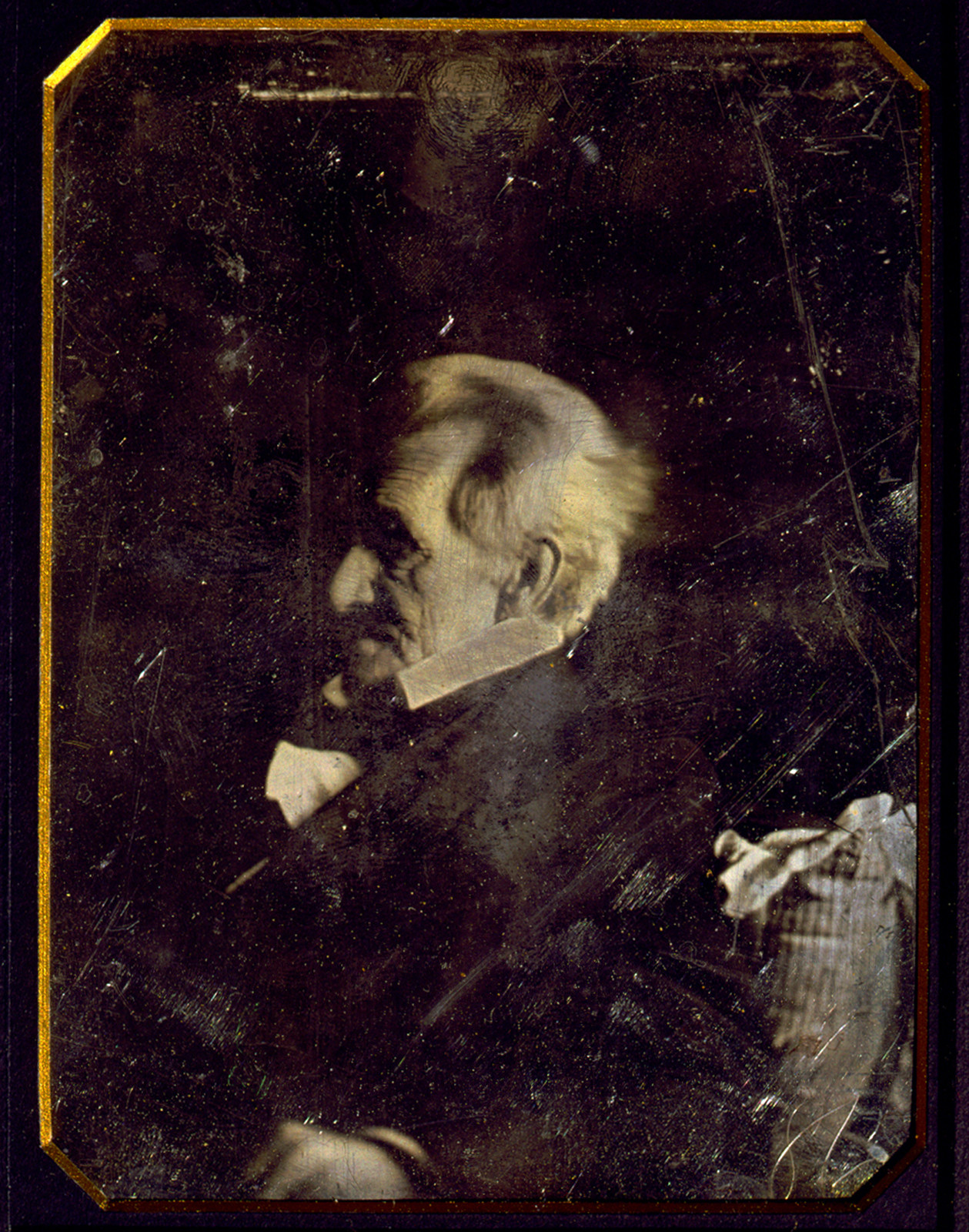 [Andrew Jackson, head-and-shoulders portrait, nearly in profile to left, leaning against pillow of which ticking appears in lower left corner], [between 1844 and 1845] — historic photograph