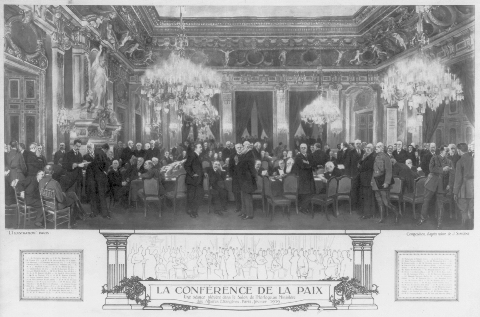 [Paris Peace Conference, Feb. 1919 - interior view of Salon de L'Horloge in Ministry of Foreign Affairs; keyed to names of all conferees] — historic print