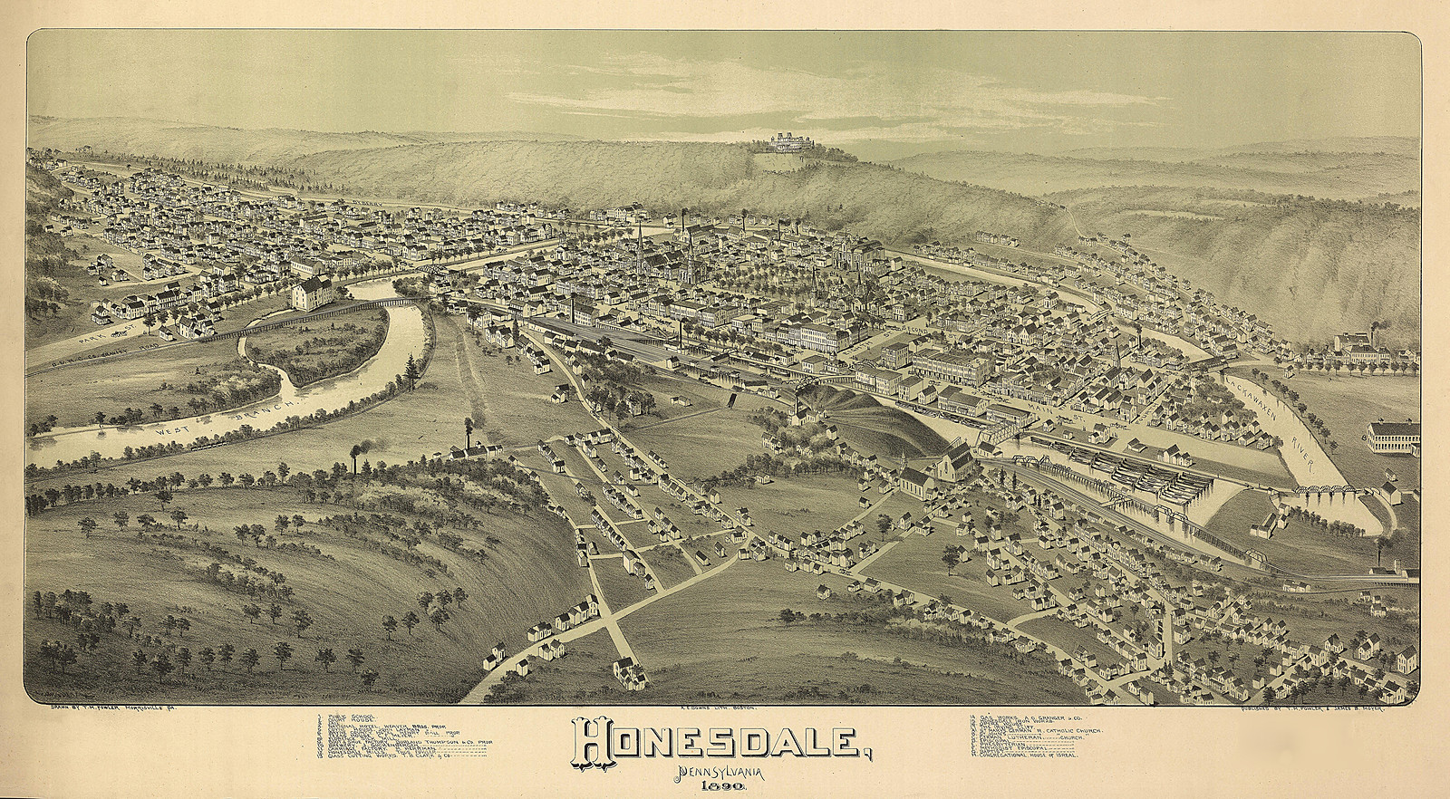 Bird's-eye view of Honesdale, Pennsylvania, 1890, 1890 — antique map