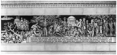 [Library of Congress mural painting with inscription: Educate and inform the mass of the people - enable them to see that it is their interest to preserve peace and order and they will preserve them - enlighten the people generally and tyranny and oppression of the body and mind will vanish like evil spirits at the dawn of the day."]"