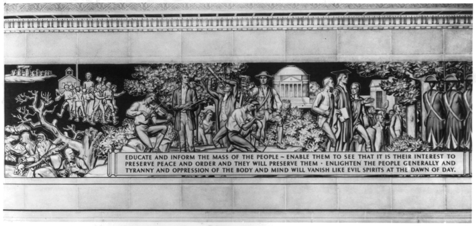 [Library of Congress mural painting with inscription: Educate and inform the mass of the people - enable them to see that it is their interest to preserve peace and order and they will preserve them - enlighten the people generally and tyranny and oppression of the body and mind will vanish like evil spirits at the dawn of the day."]" — historic photograph