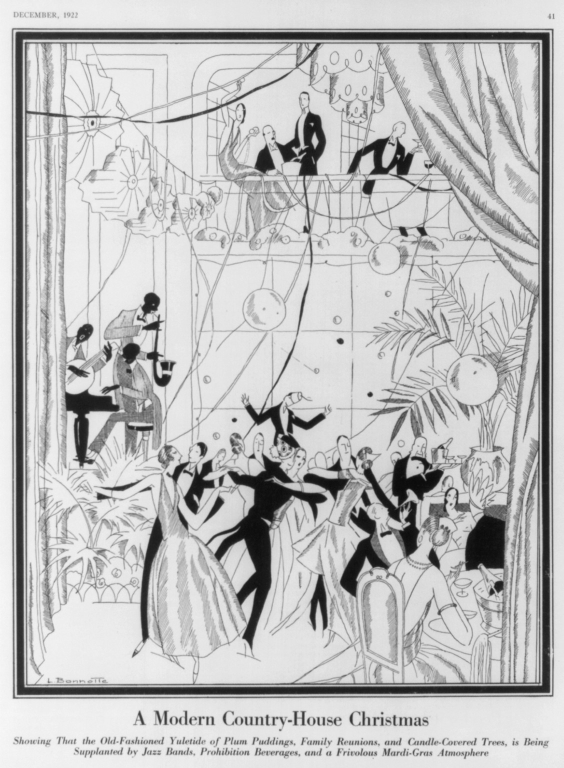 A Modern country-house Christmas, showing that the old-fashioned Yuletide of plum puddings, family reunions, and candle-covered trees, is being supplanted by jazz bands, prohibition beverages, and a frivolous mardi-gras atmosphere — historic image