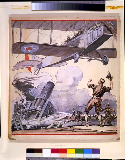 Biplane overhead, artillery gun firing, soldier cheering