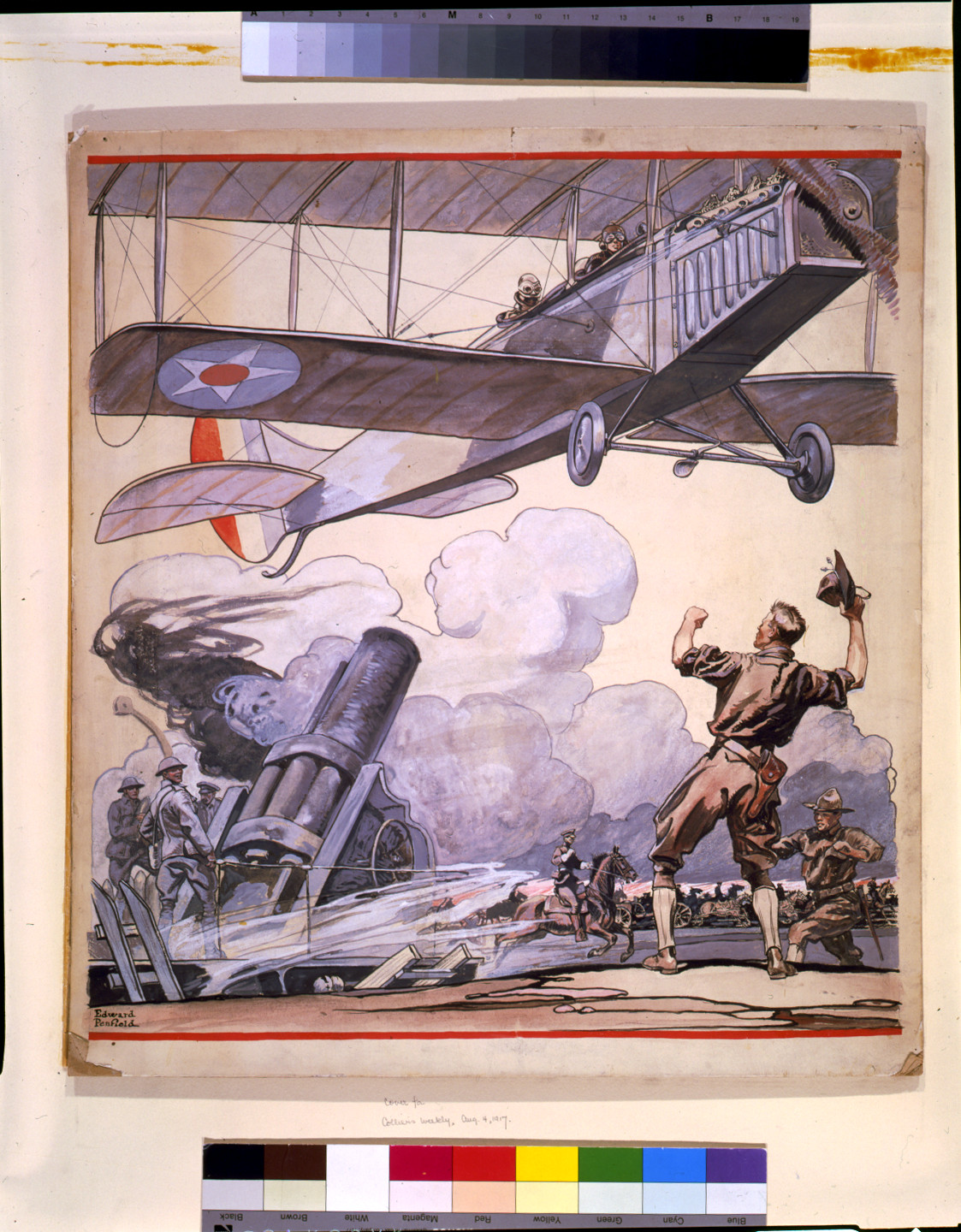 Biplane overhead, artillery gun firing, soldier cheering — historic image