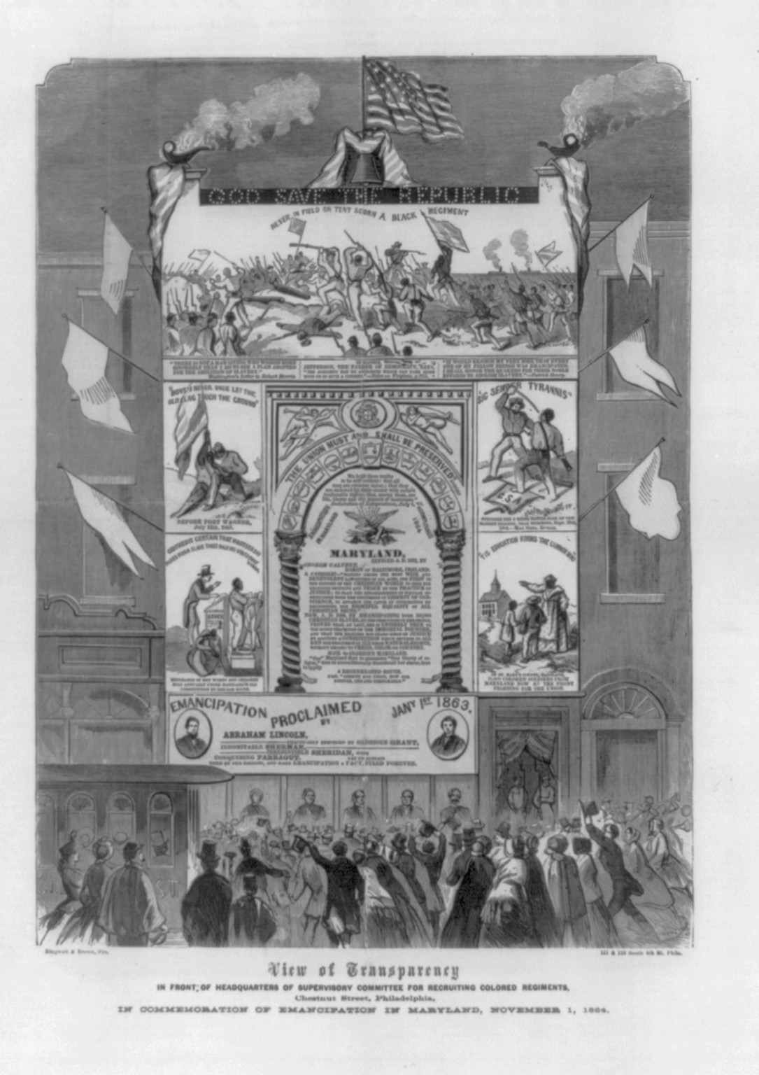 View of transparency in front of headquarters of Supervisory Committee for Recruiting Colored Regiments . . ., 1864 — antique engraving