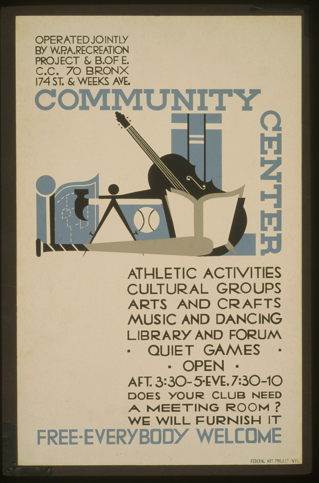 Community Center Free - everybody welcome., 1936 — vintage poster
