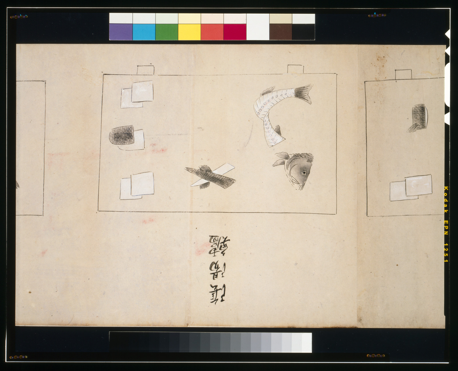 Ink drawing of fish and objects on paper sheet — historic drawing
