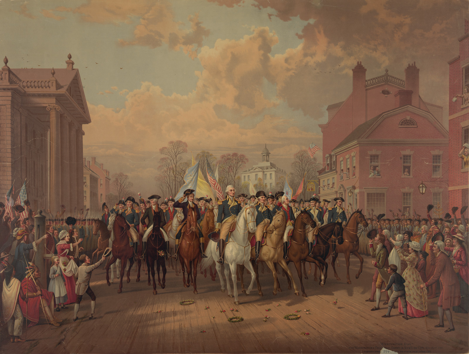 "Evacuation day" And Washington's Triumphal Entry In New York City, Nov, c. 1879 — antique lithograph