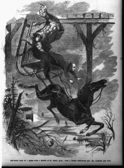 The fatal leap of a horse over a bridge at St. Cloud, Minn., with a sleigh containing Rev. Mr. Calhoun and wife