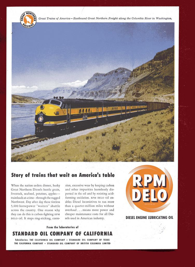 Great Northern Railway freight train, Standard Oil RPM Delo advertisement — historic image