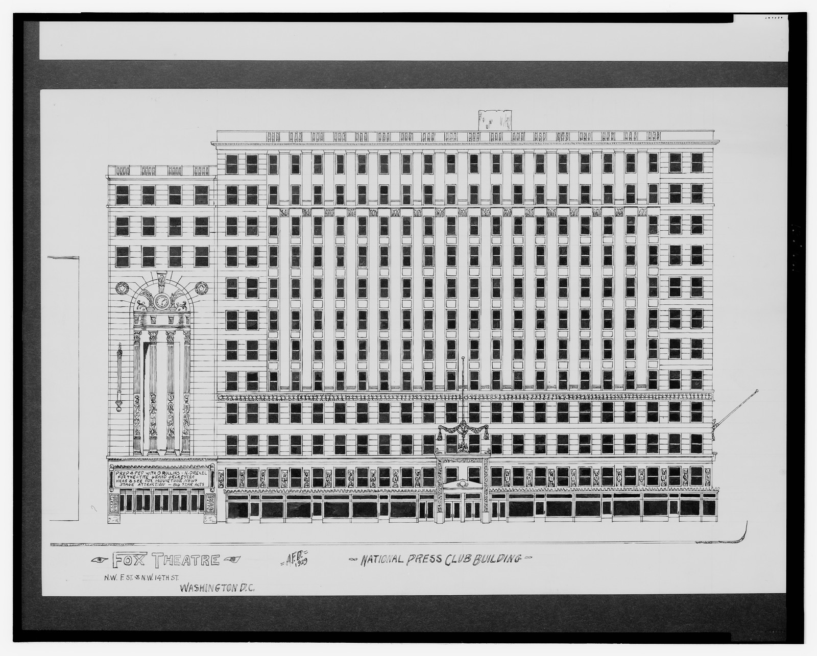 [Theaters, Washington, D.C. Fox Theatre and National Press Club Building, F St. and 14th St. NW. Elevation] / AFD 1929., And Engineering (ADE) Drawings — vintage poster