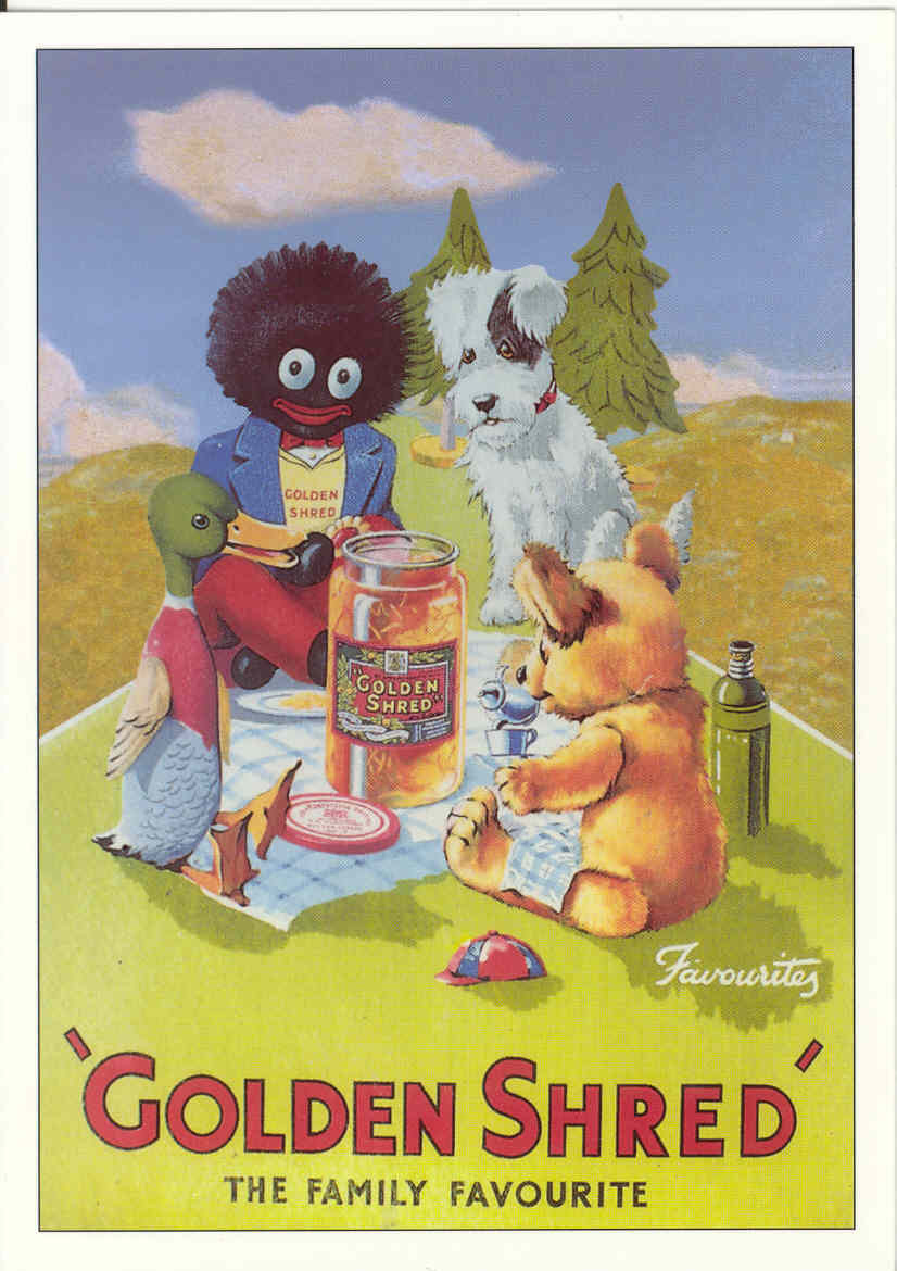 Golden Shred advertisement: The Family Favourite, with toy characters at a picnic — historic image