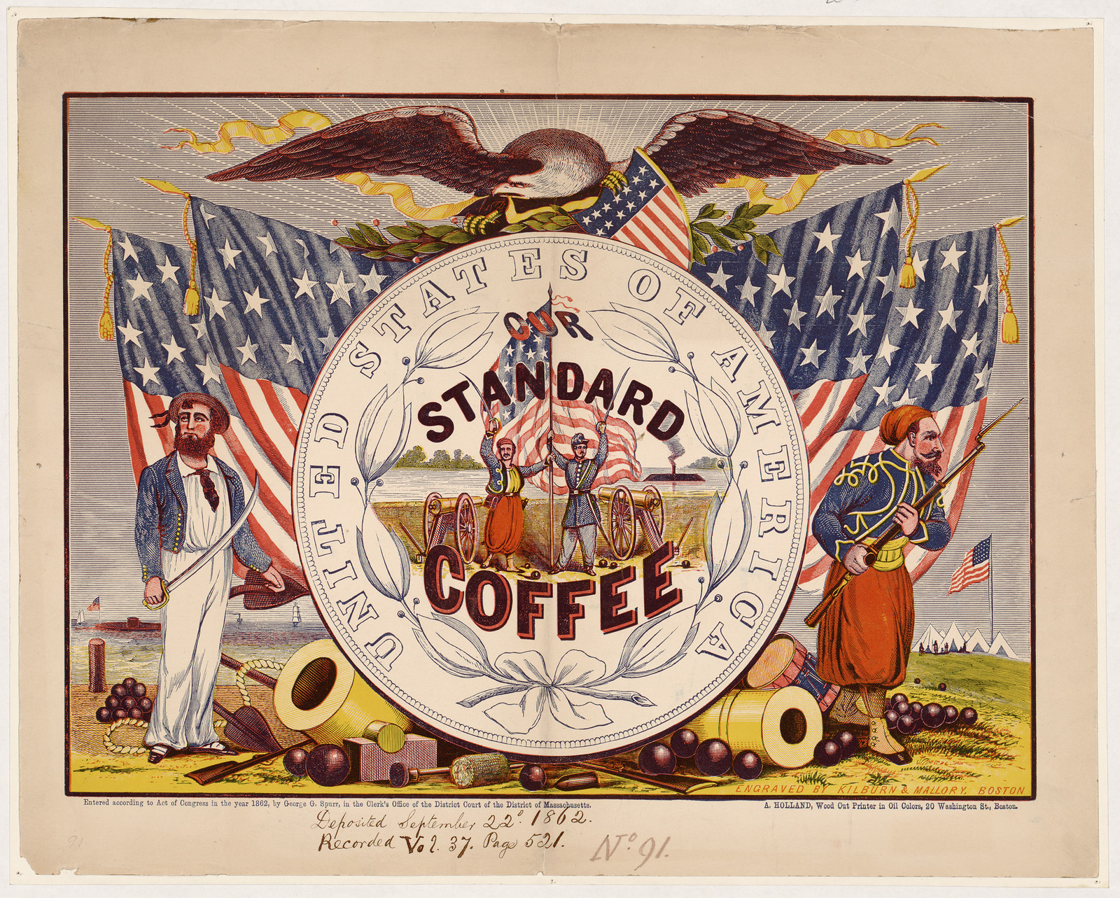 Our Standard Coffee advertising print with eagle and flags — historic print