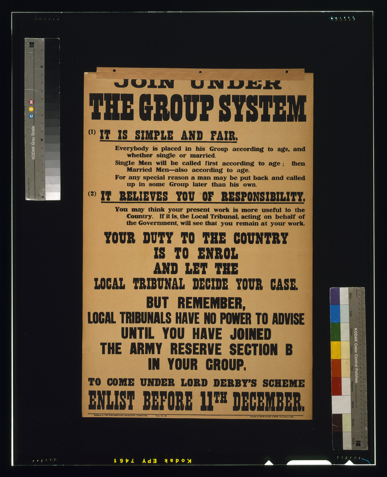 Join under the group system / printed by David Allen & Sons, Ltd., Harrow, Mdx., London : Parliamentary Recruiting Committee, [1916] — vintage poster