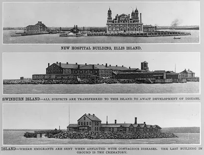 [New hospital building, Ellis Island; quarantine buildings on Swinburn Island and Hoffman Island]