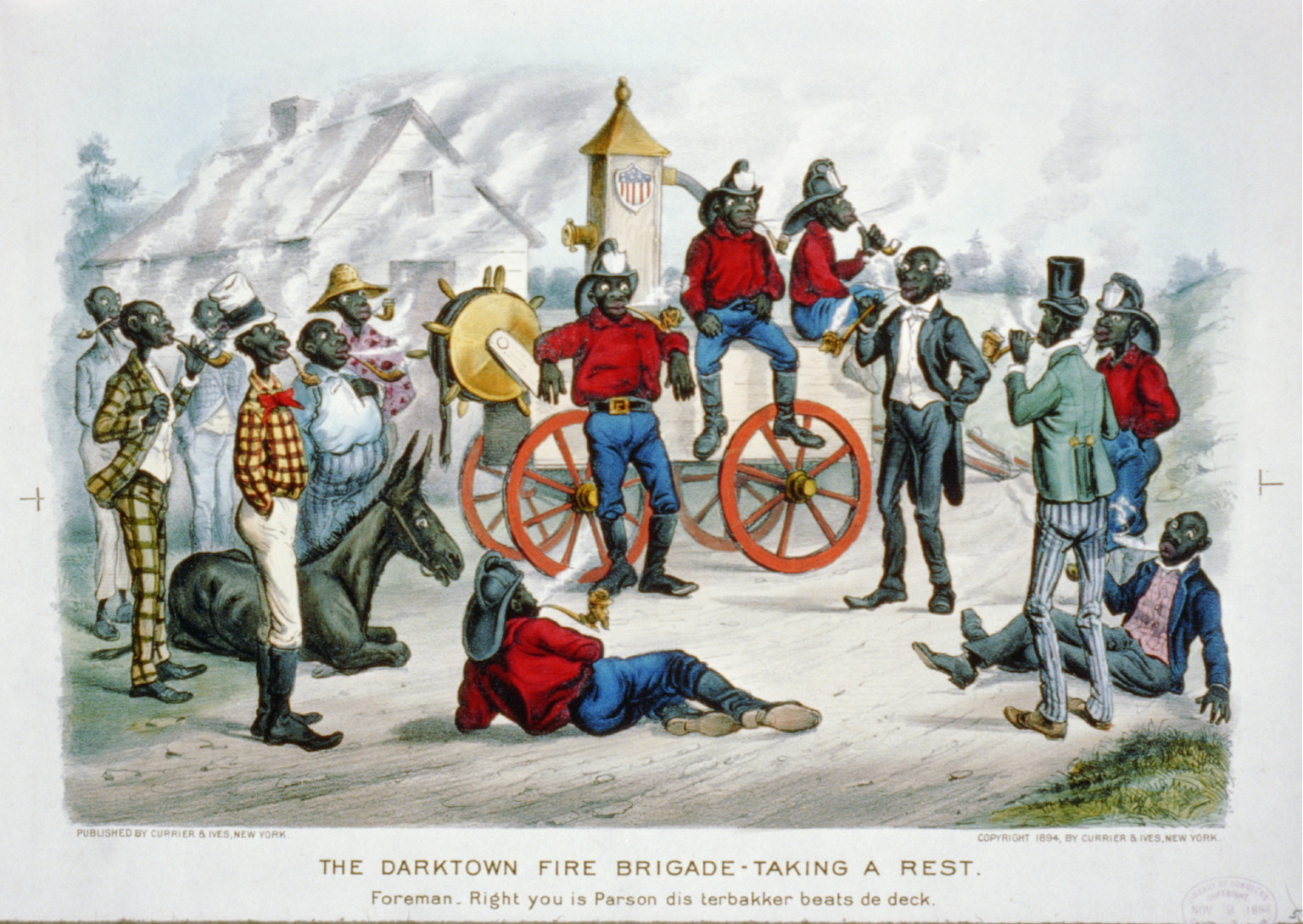 The darktown fire brigade-taking a rest: Foreman-right you is parson dis terbakker beats de deck, [New York] : Currier & Ives, 1894. — antique lithograph