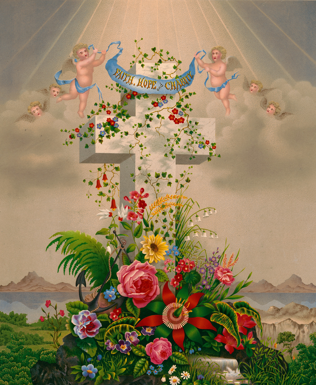 Cross with flowers, cherubs and banner reading Faith, Hope & Charity — historic image