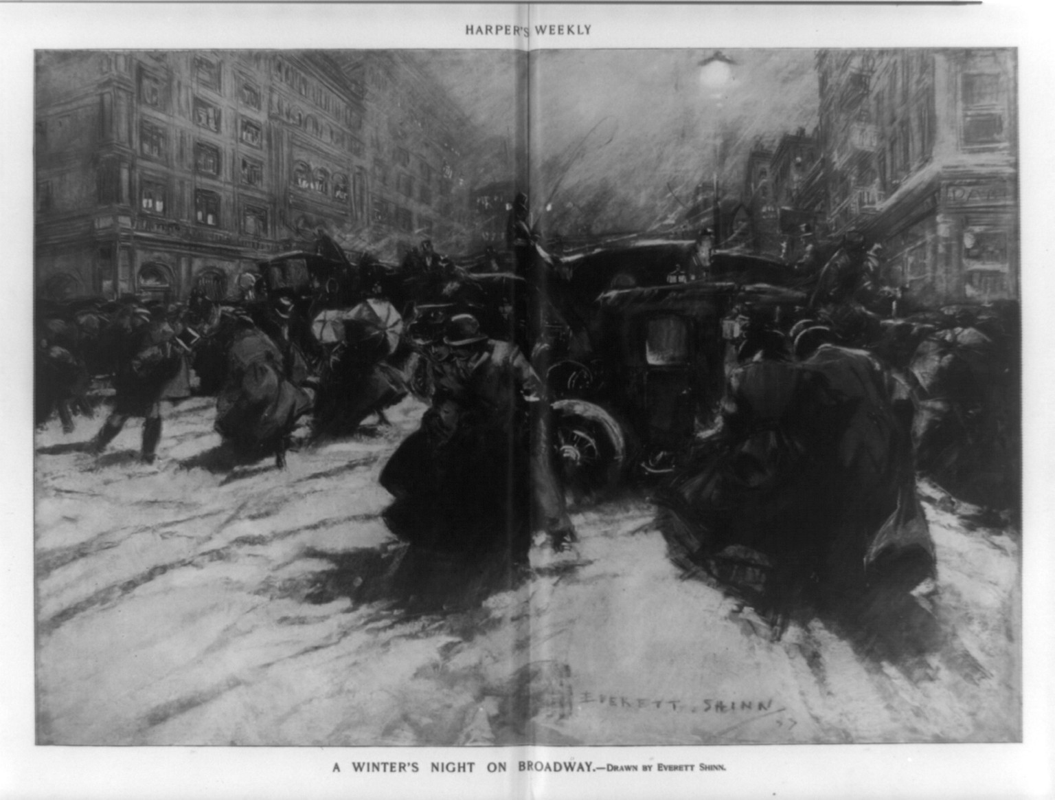 A winter's night on Broadway, 1900 — historic print