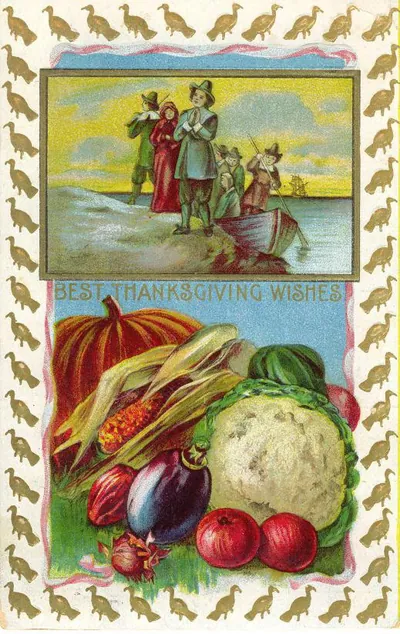 Best Thanksgiving Wishes postcard with Pilgrims and harvest vegetables