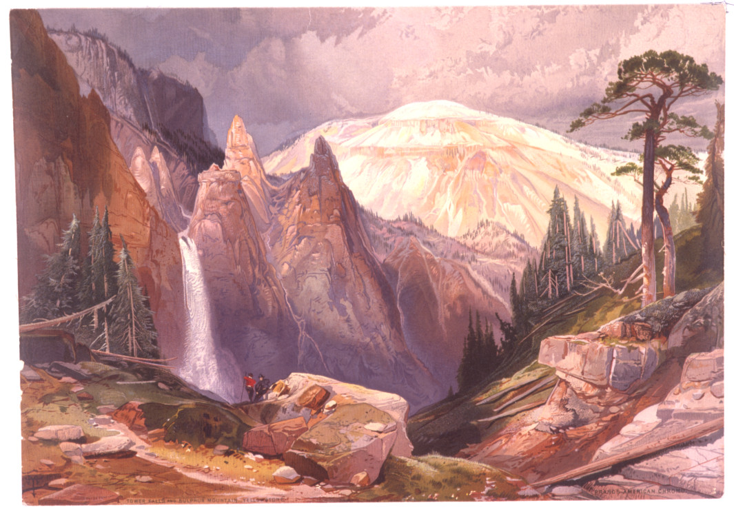 Tower Falls and Sulphur Mountain, Yellowstone / TM ; Prang's American Chromo., c1875. — antique lithograph