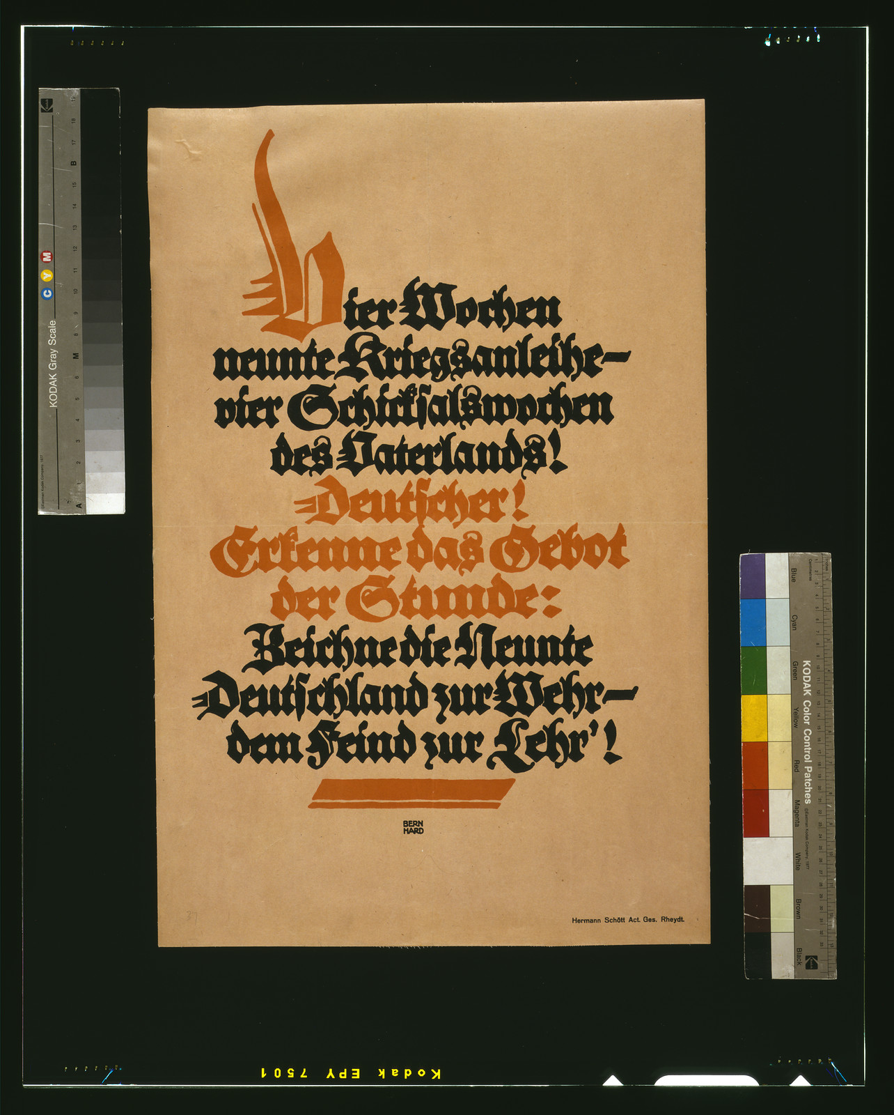 Vier Wochen neunte Kriegsanleihe - vier Schicksalswochen des Vaterlands! ... Deutschland zur Wahr -- dem Feind zur Lehr! / Bernhard., 1917 — vintage poster