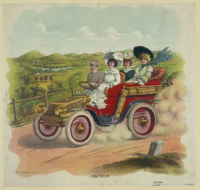 Early red automobile with four passengers, "EN TOUR
