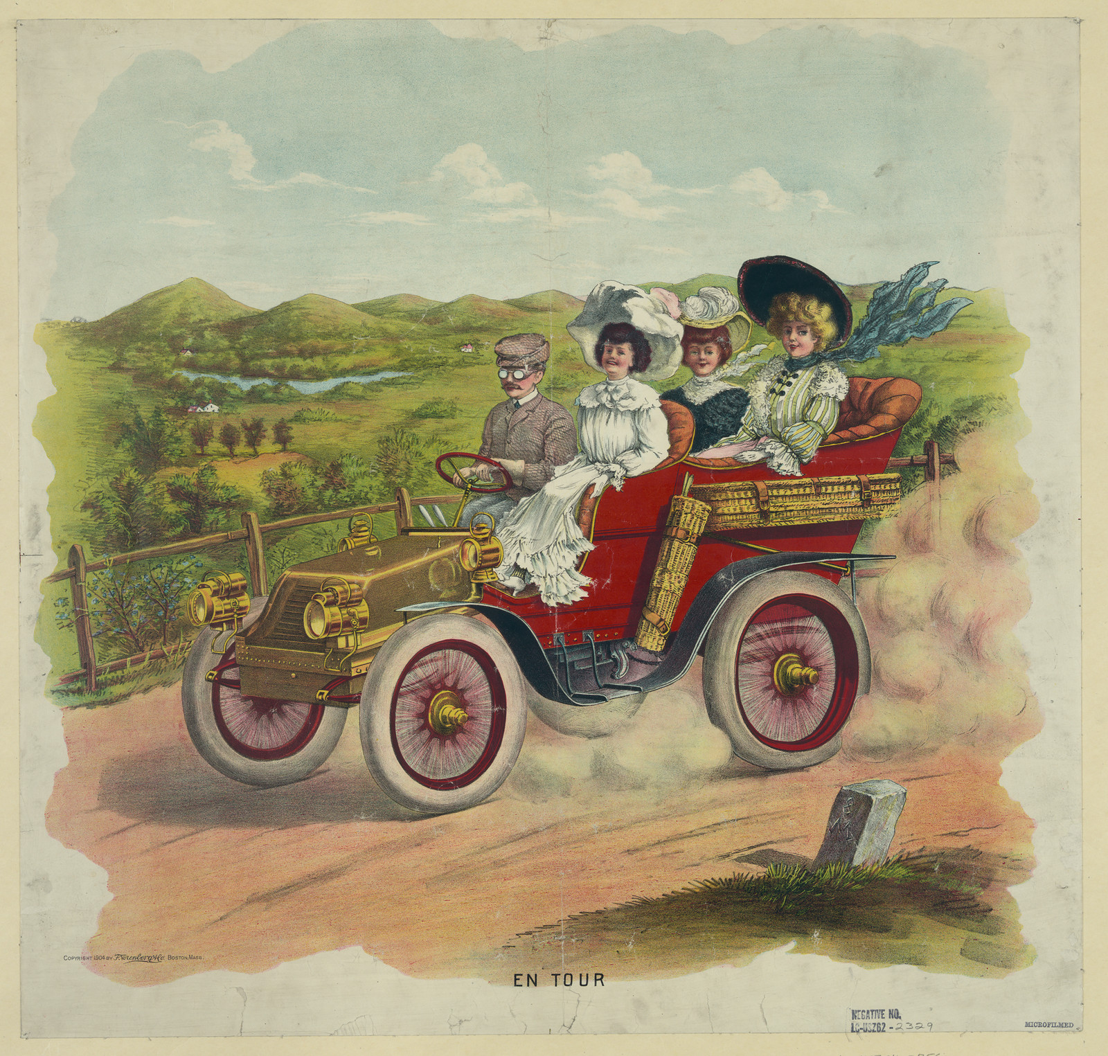 Early red automobile with four passengers, "EN TOUR — historic image