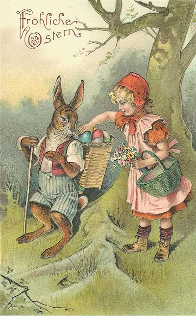 Fröhliche Ostern Easter postcard with rabbit and girl