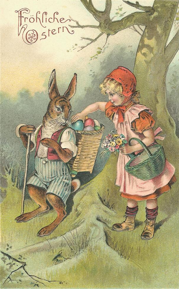 Fröhliche Ostern Easter postcard with rabbit and girl — vintage postcard