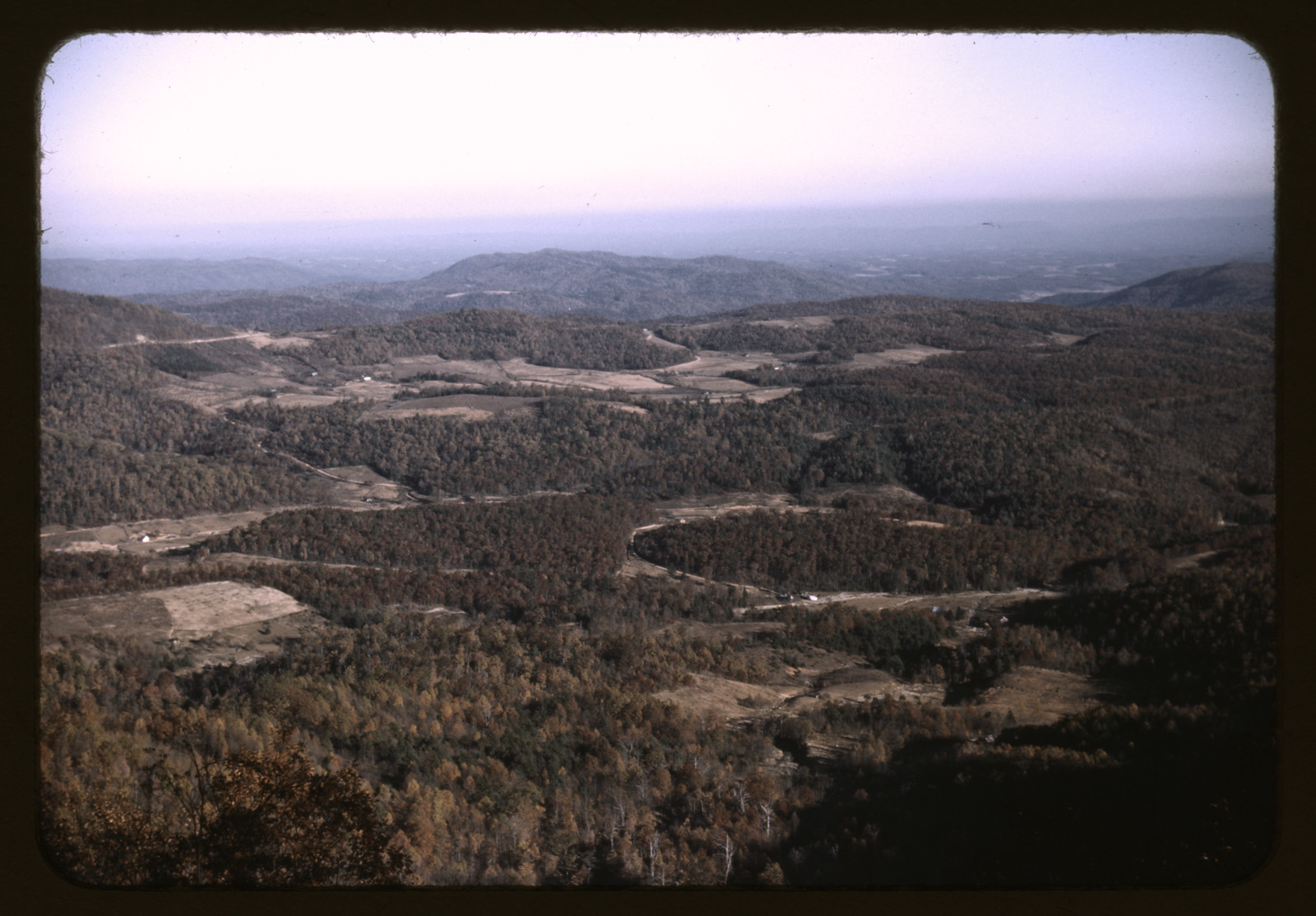 Forested mountain valley with winding roads seen from overlook — historic image