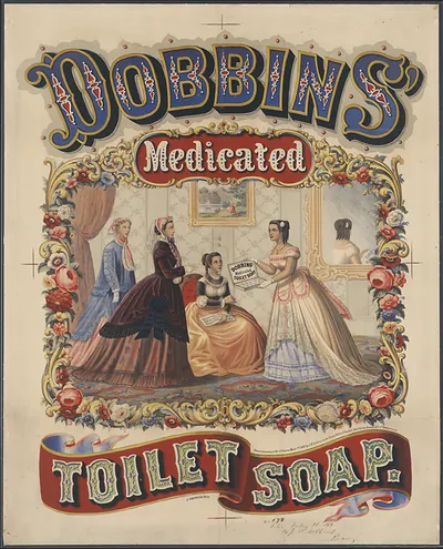 Dobbins' Medicated Toilet Soap advertising lithograph with women