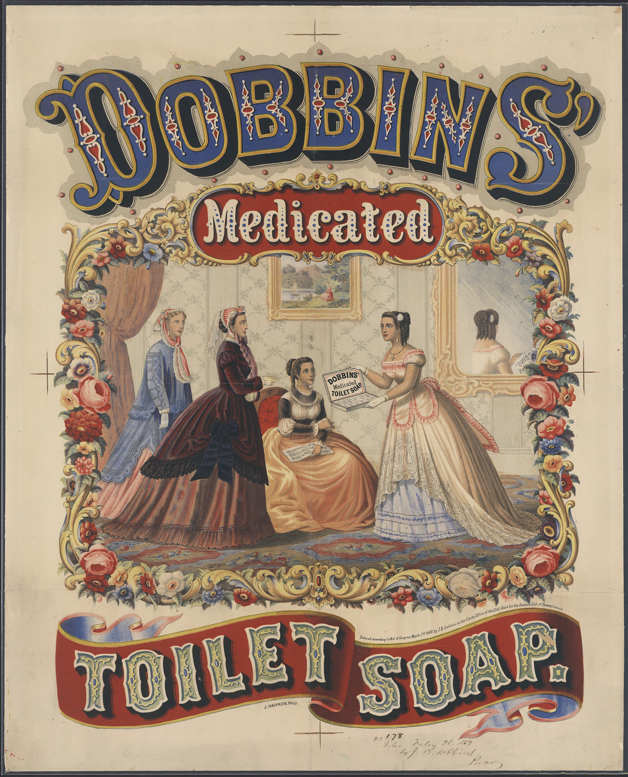 Dobbins' Medicated Toilet Soap advertising lithograph with women — antique lithograph