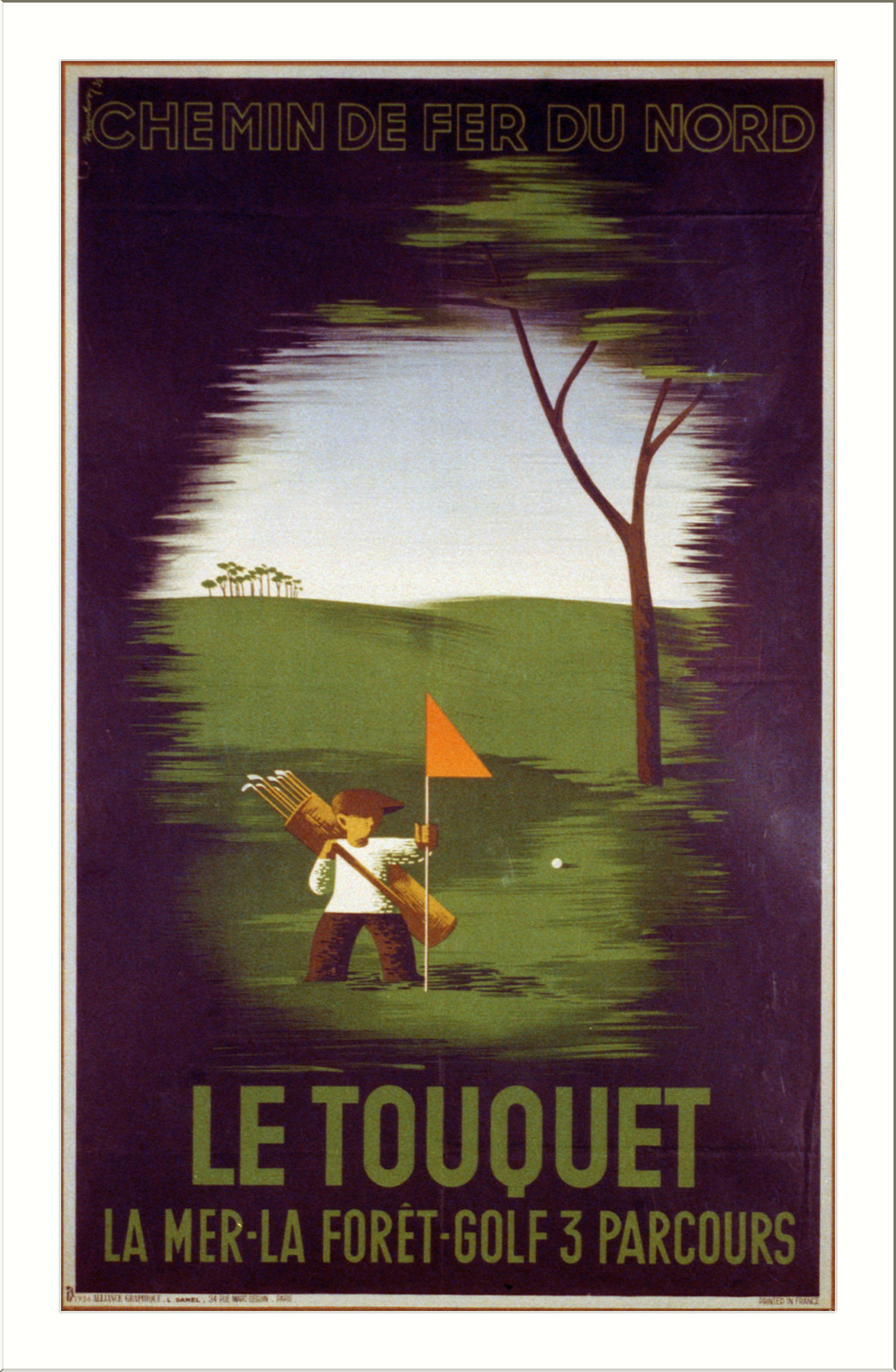 Le Touquet: la mer - la forá́et, golf 3 parcours, Pairs : Chemin de fer du Nord, 1936. — vintage poster