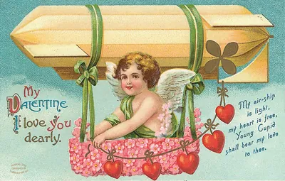 Cupid in airship basket with Valentine verse