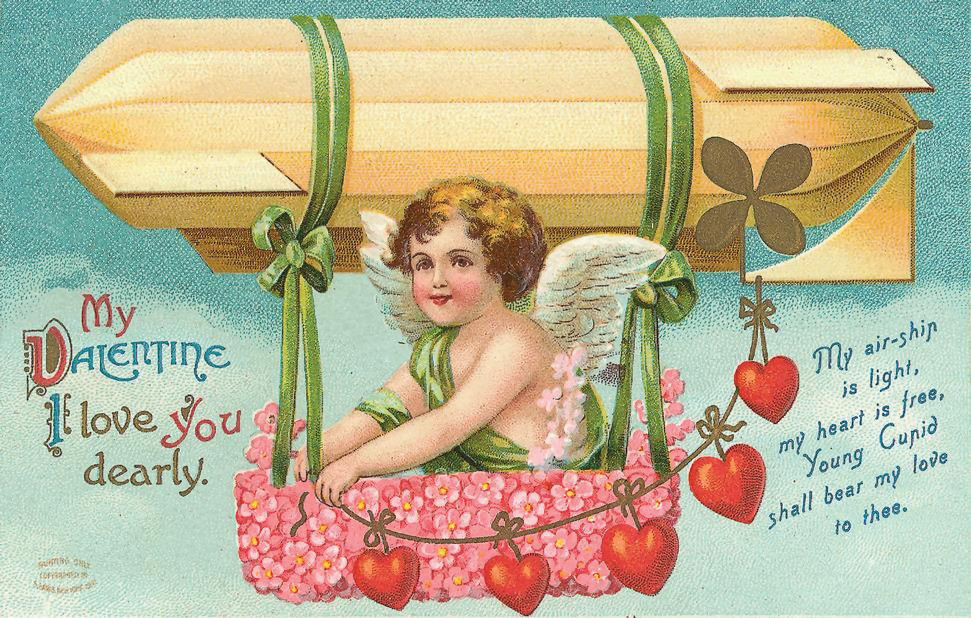 Cupid in airship basket with Valentine verse — historic image