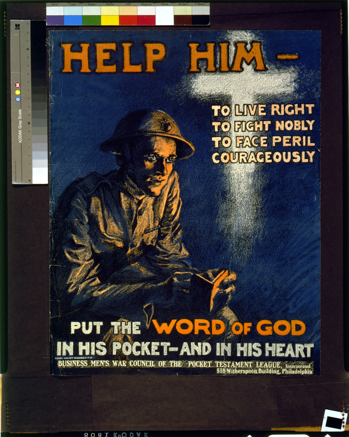 Help him - to live right, to fight nobly, to face peril courageously Put the word of God in his pocket - and in his heart / Mabel Halsey Woodrow 7-18., Philadelphia : [19]18. — vintage poster