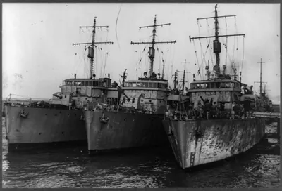 Minesweepers - Left to right: H.M.S. BLACKPOOL, H.M.S. BRIDLINGTON and H.M.S. BUDE