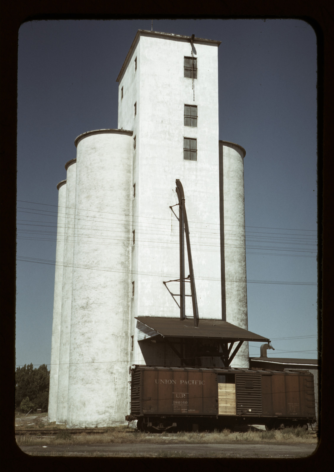 Concrete grain elevator with silos and Union Pacific boxcar — historic image