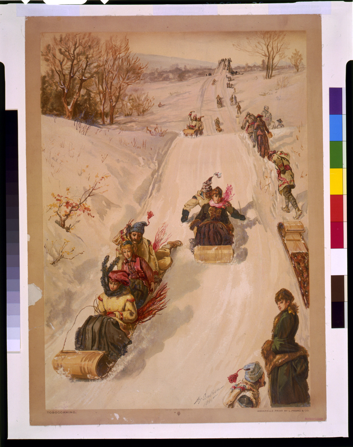 Tobogganing / Hy Sandham ; aquarelle print by L. Prang & Co., 1886 — antique lithograph