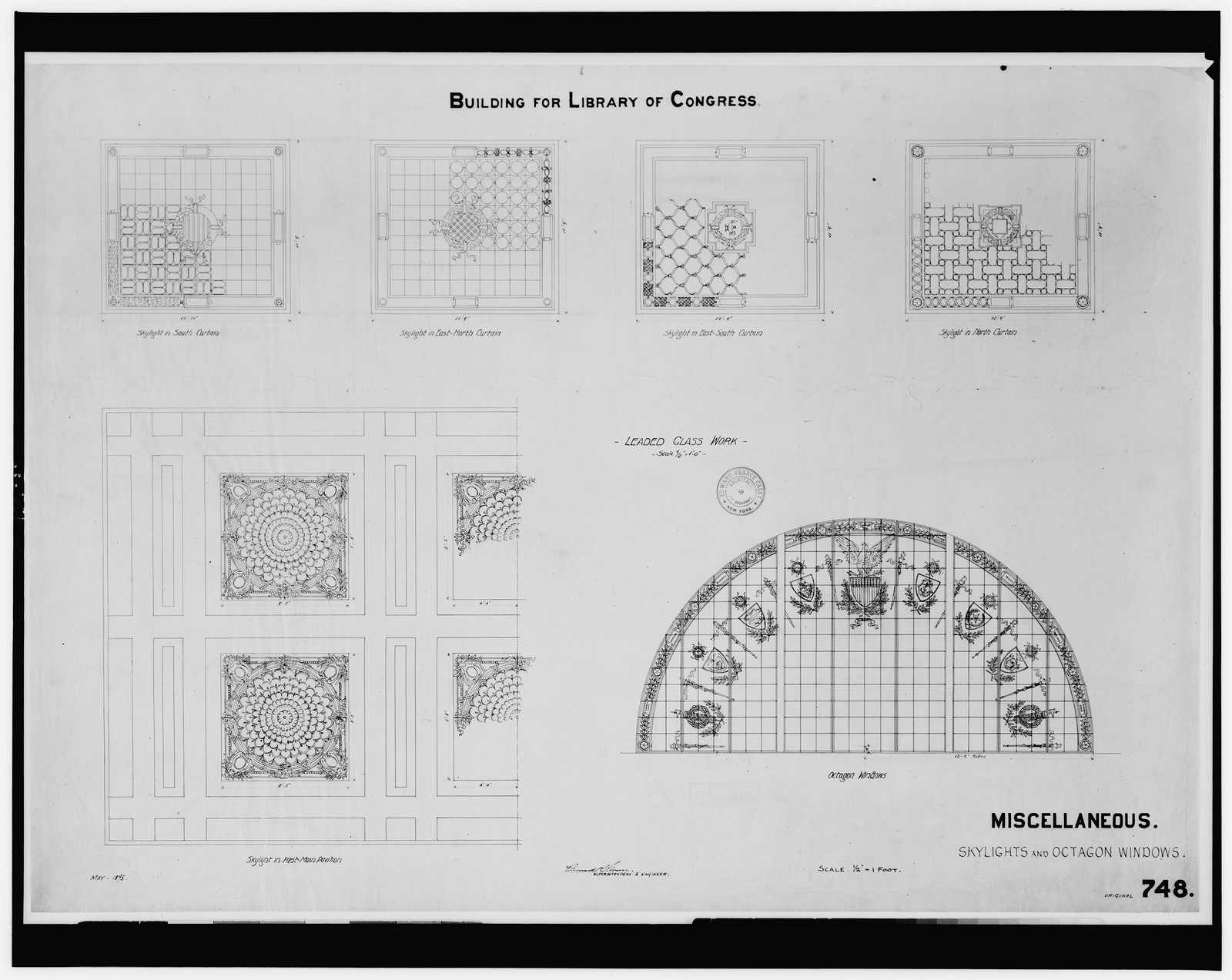 [Library of Congress (Washington, D.C.). Leaded glass work. Skylights and octagon windows. Elevation and reflected ceiling plans. Working drawing], and Engineering (ADE) Drawings" (http://www.loc.gov/rr/print/res/103_ade.html)." — historic drawing