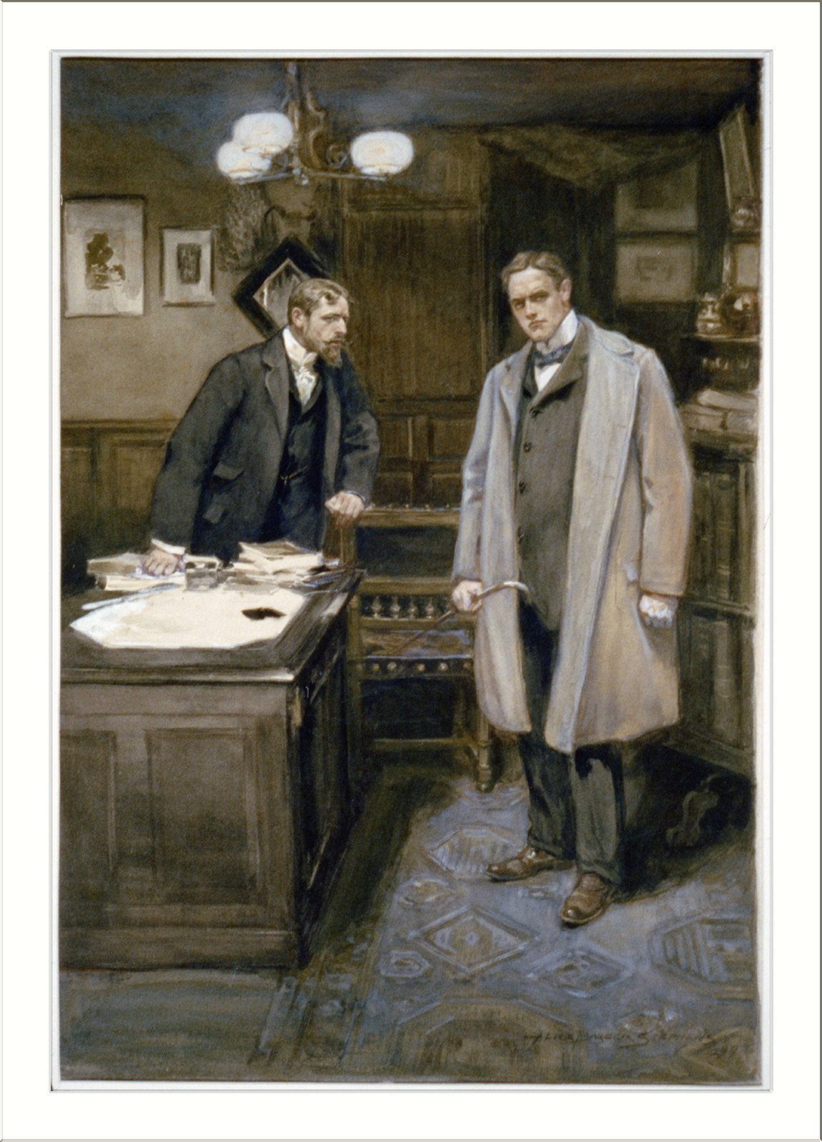 Two men in a wood-panelled office, one in an overcoat — historic image