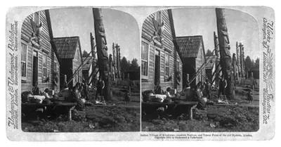 Indian Village of Klinkwan - modern Natives and Totem Poles of the old Hydahs [i.e. Haida], Alaska