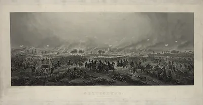 Panoramic engraving of the Battle of Gettysburg with cavalry and artillery