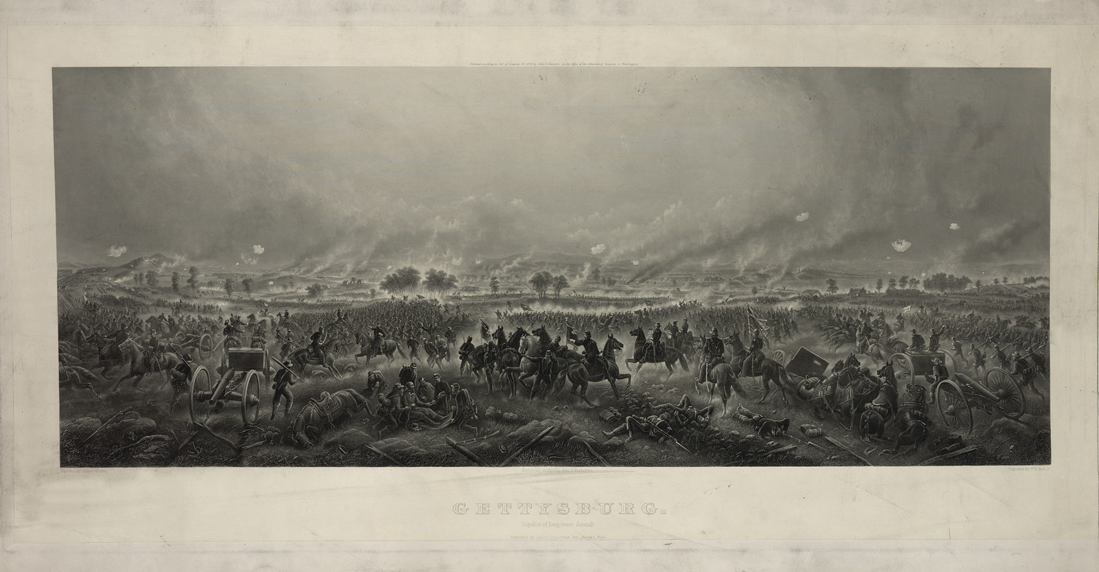 Panoramic engraving of the Battle of Gettysburg with cavalry and artillery — antique engraving